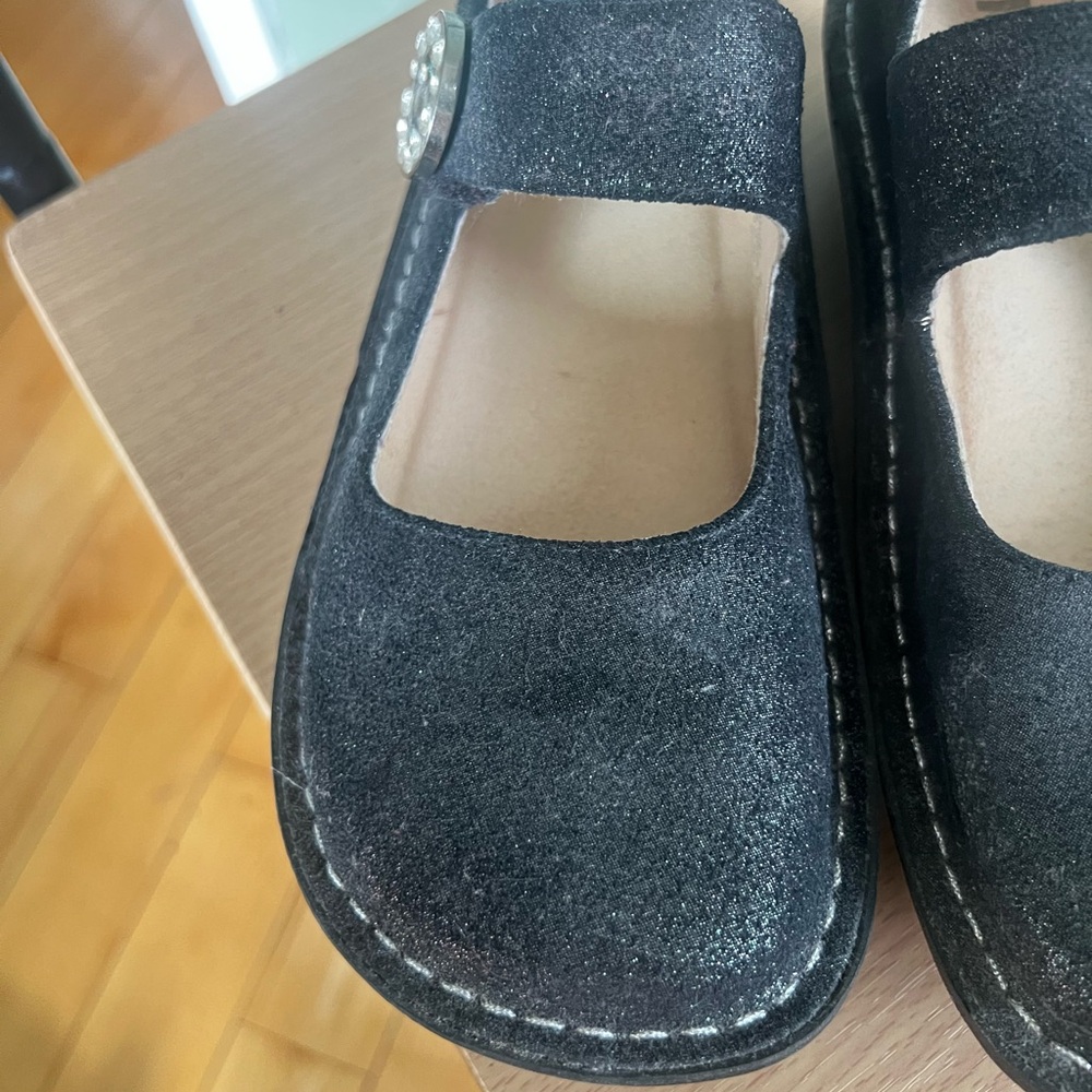 Alegria Black Suede Mary Jane Clogs with purple shimmer (38) - Picture 12 of 14